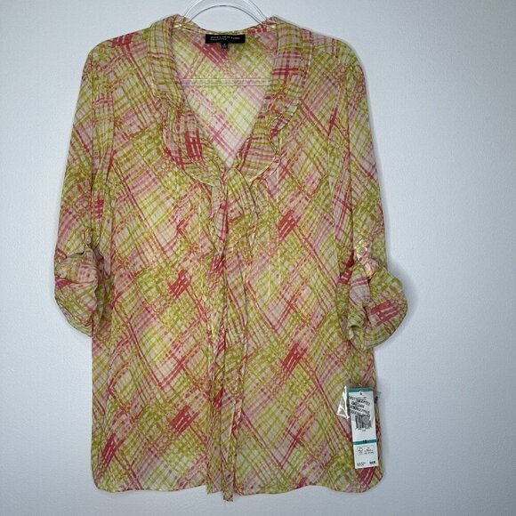 Jones New York Blouse Size 16 Primrose Multi Ruffle Roll tab Sleeve - Picture 1 of 10